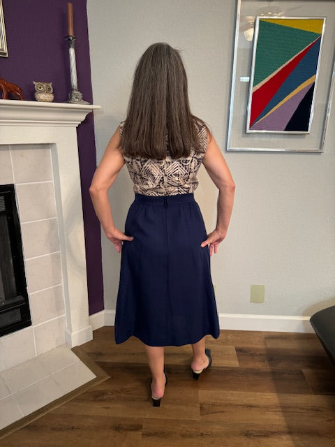 Charles Blue and Cream Dress with Pockets Front (Size 12 Vintage)