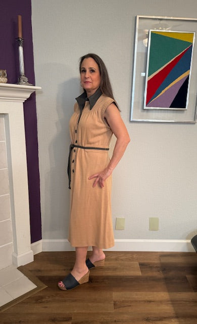 A lined Crème / Medium Tan Colored Dress with Brown Collar and Belt