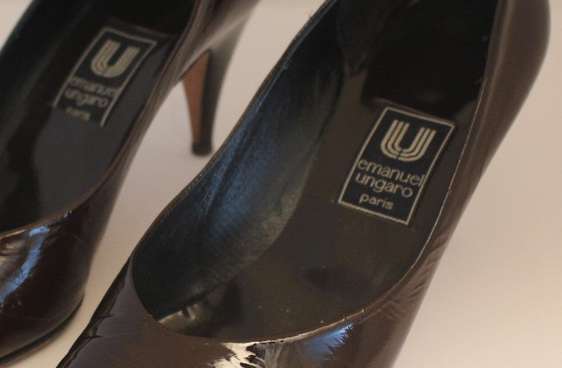 Vintage Emanuel Ungaro Patent Leather Brown Pumps, Made in Paris, Size 37 EU, 6 1/2" USA