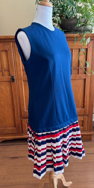 Vintage 1970s Empress of Dallas Navy Blue Sleeveless Dress with Red, White, Blue Striped Accent, Size Medium (M)