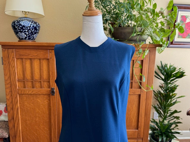 Vintage 1970s Empress of Dallas Navy Blue Sleeveless Dress with Red, White, Blue Striped Accent, Size Medium (M)