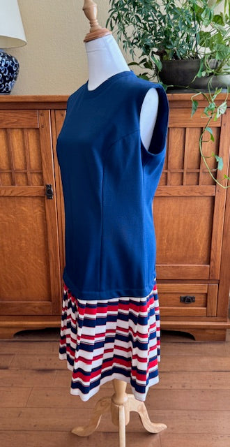 Vintage 1970s Empress of Dallas Navy Blue Sleeveless Dress with Red, White, Blue Striped Accent, Size Medium (M)