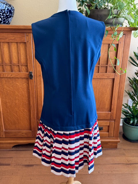 Vintage 1970s Empress of Dallas Navy Blue Sleeveless Dress with Red, White, Blue Striped Accent, Size Medium (M)
