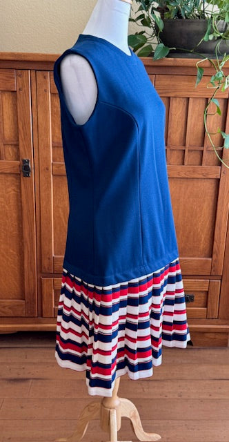 Vintage 1970s Empress of Dallas Navy Blue Sleeveless Dress with Red, White, Blue Striped Accent, Size Medium (M)