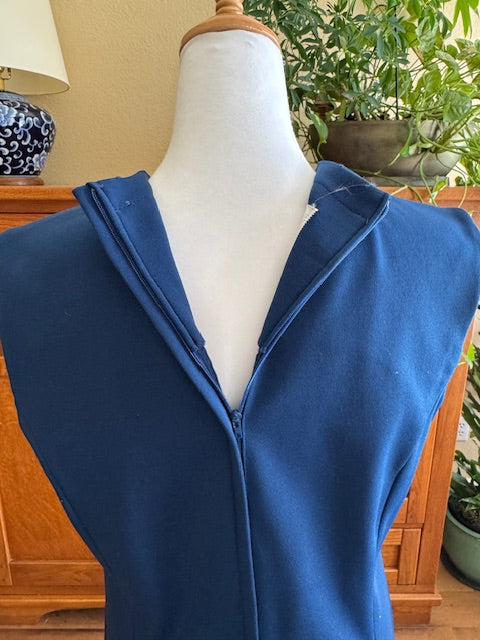 Vintage 1970s Empress of Dallas Navy Blue Sleeveless Dress with Red, White, Blue Striped Accent, Size Medium (M)