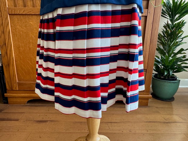 Vintage 1970s Empress of Dallas Navy Blue Sleeveless Dress with Red, White, Blue Striped Accent, Size Medium (M)