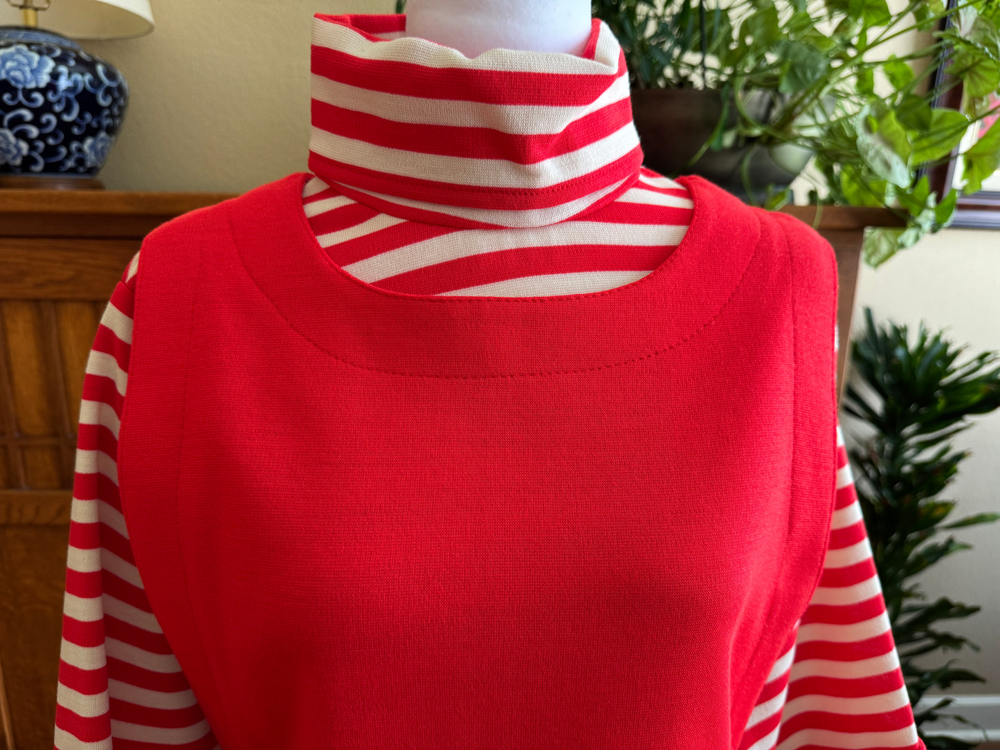 Vintage 1970s Bealls Red & White Striped Knit Dress Set | Nautical Two-Piece | Size 14