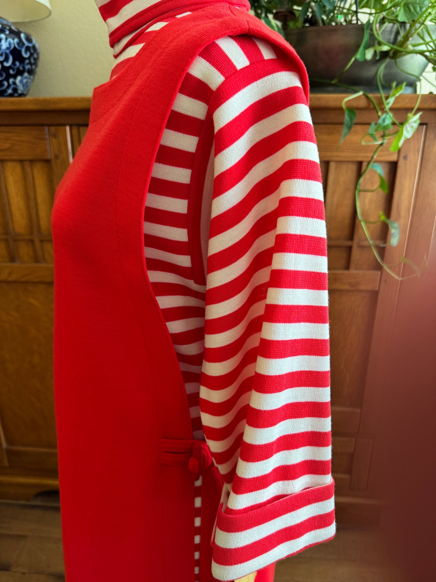 Vintage 1970s Bealls Red & White Striped Knit Dress Set | Nautical Two-Piece | Size 14