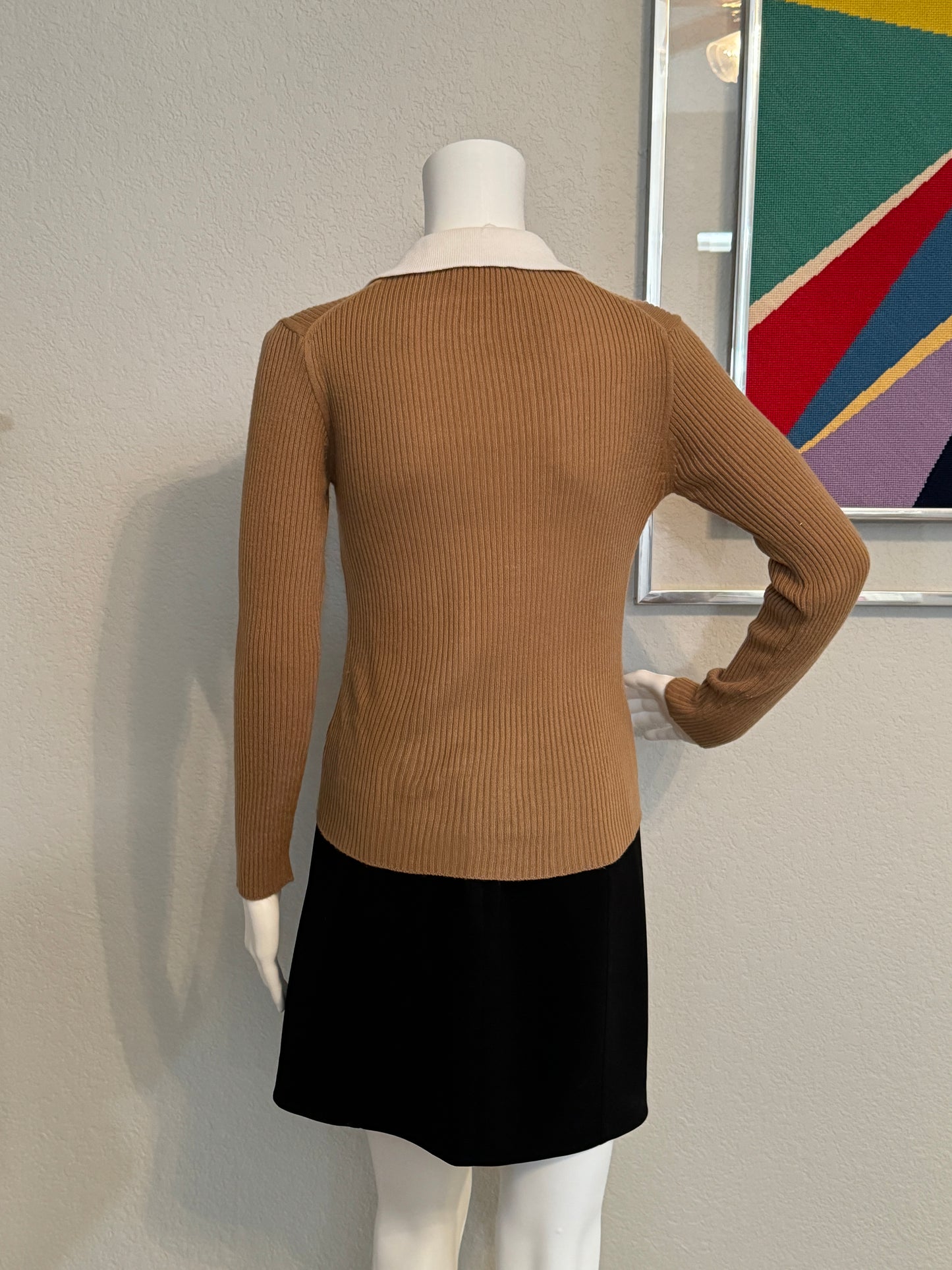 Kimlon Brown Long Sleeve Ribbed Sweater with Off-White Collar