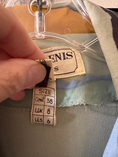 Vintage 1970s Abstract Print Midi Dress - Mint Green & Lavender Art Print with Mustard Collar (S/M)