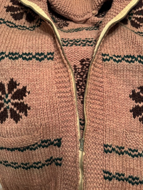 Vintage 1960s Hand Knit Cardigan Jumper Wool with Snow-Flakes (Large)