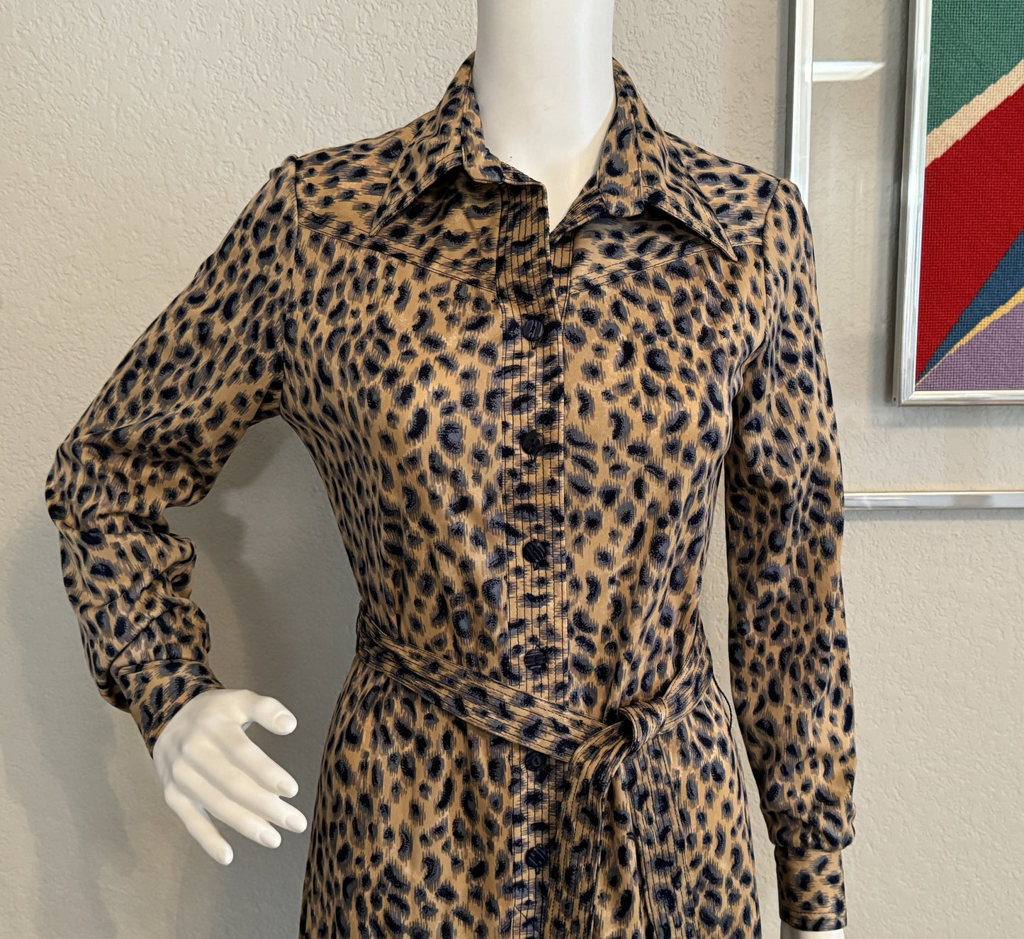 Leopard Print Vintage Knit Button Dress from the 1970s (Small/Medium)