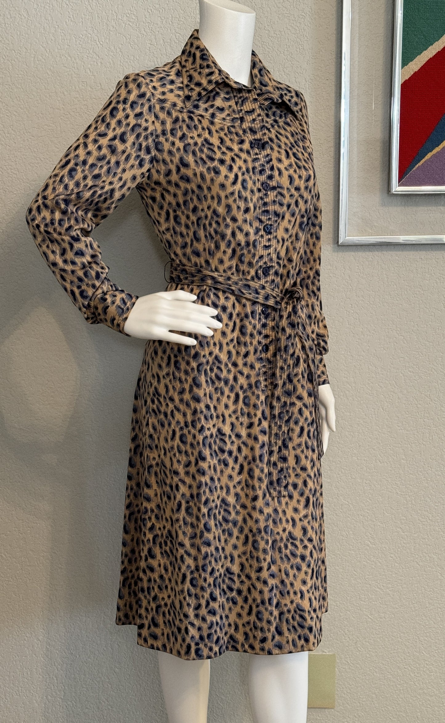 Leopard Print Vintage Knit Button Dress from the 1970s (Small/Medium)