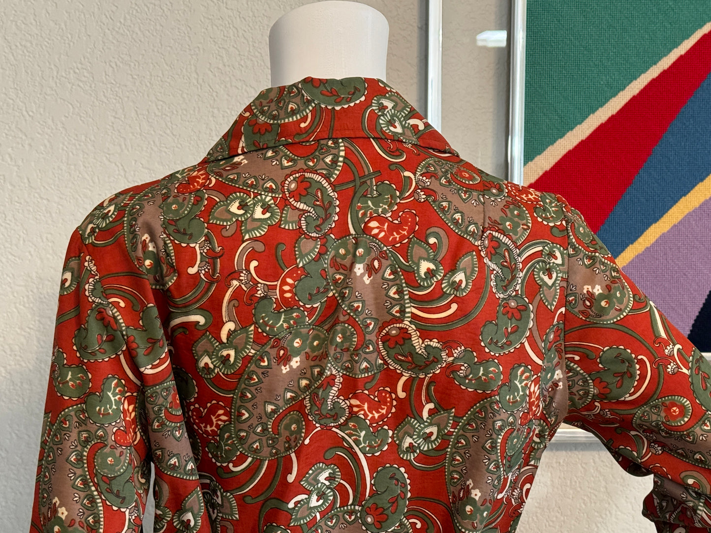 Maroon, Green White Paisley Long Sleeve Dress with Belt - ILGWU Union Made