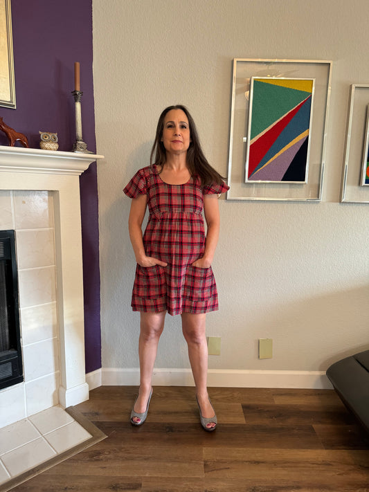 Corduroy Plaid Dress with Empire Bodice - Red, Black, & Cream