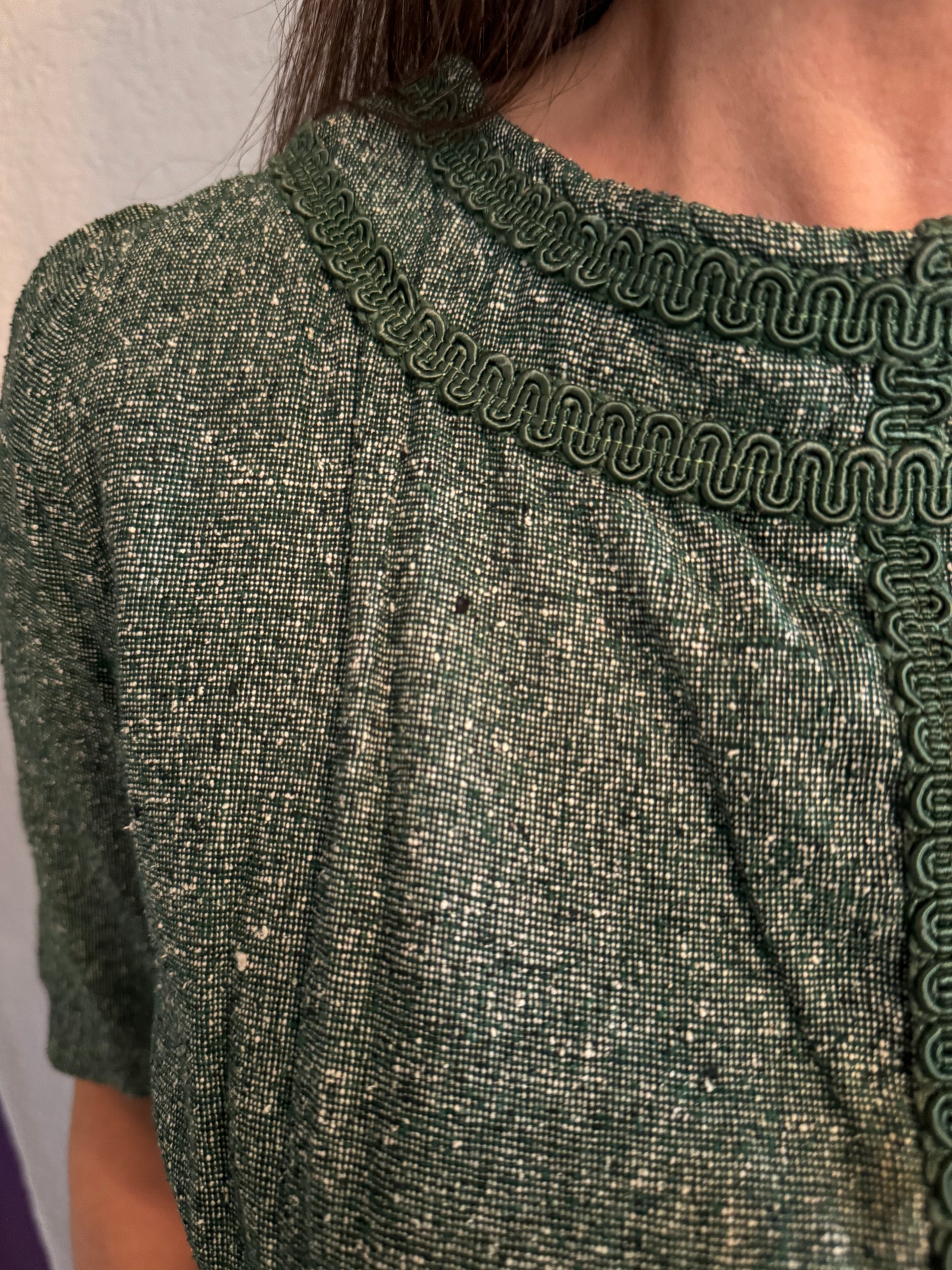 Special Tailor Made Army Green Textured Patterned Short Sleeve Dress (Size Small)