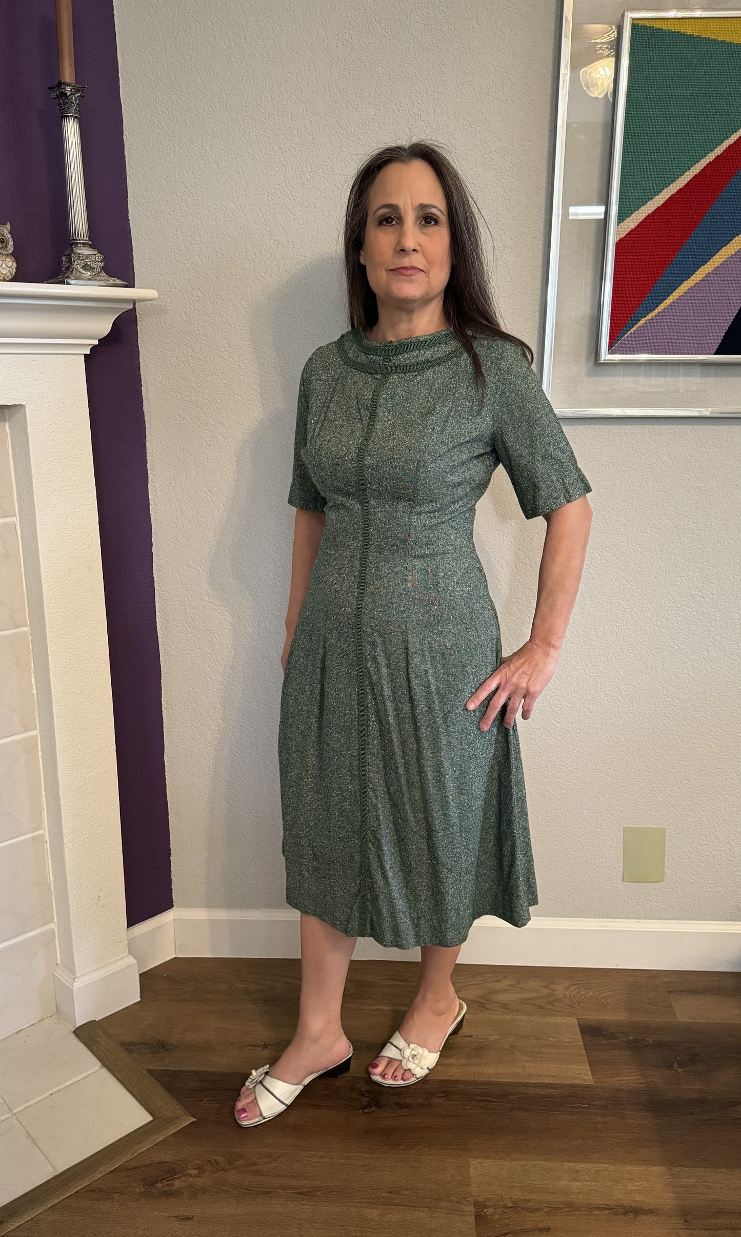 Special Tailor Made Army Green Textured Patterned Short Sleeve Dress (Size Small)