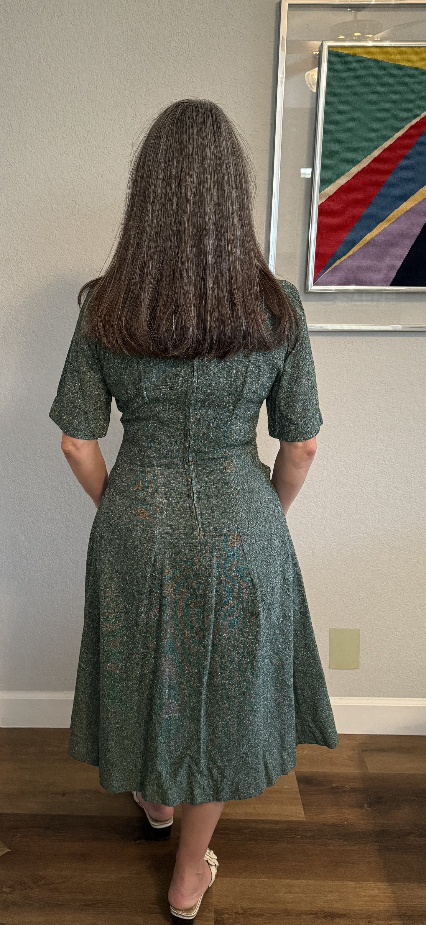 Special Tailor Made Army Green Textured Patterned Short Sleeve Dress (Size Small)