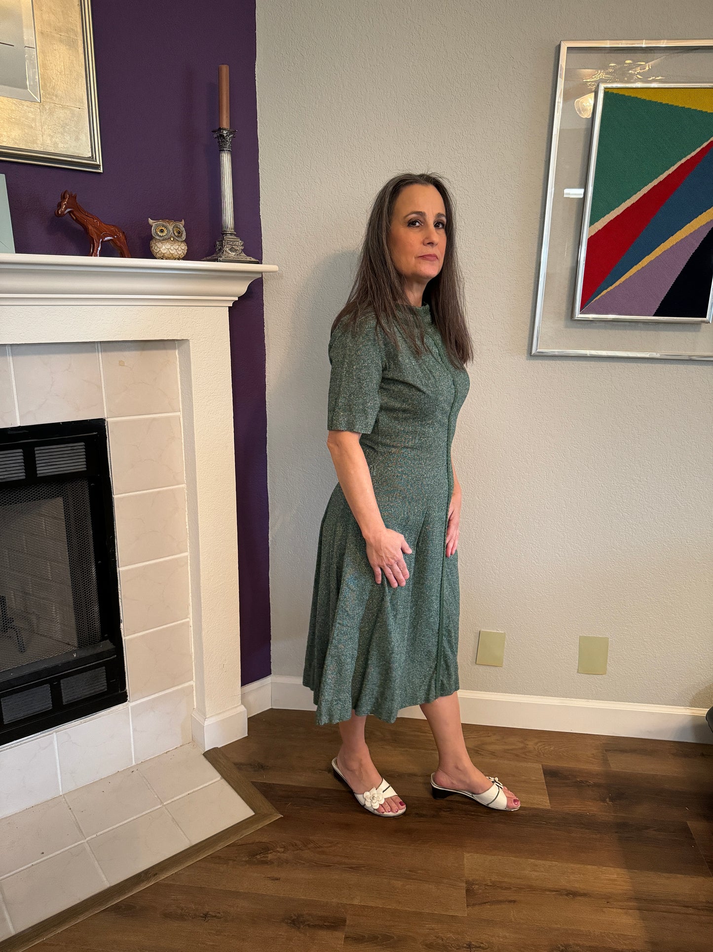 Special Tailor Made Army Green Textured Patterned Short Sleeve Dress (Size Small)