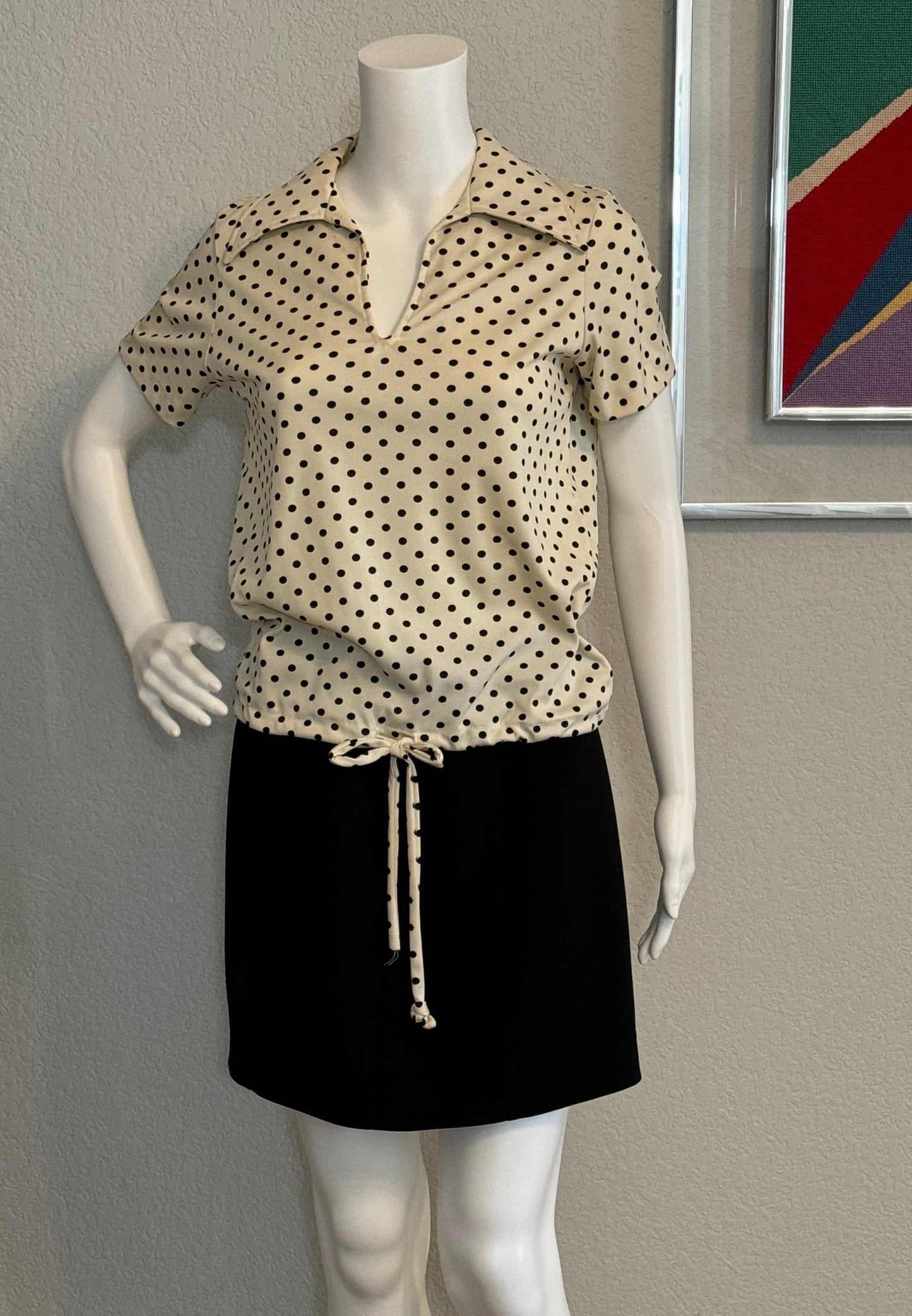 White and Black Polka Dot Short Sleeve Polyester V-Neck Blouse