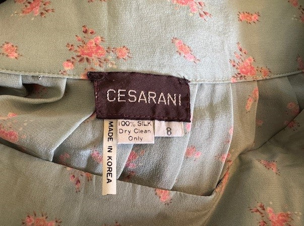 Vintage 1970s Cesarini Silk Skirt with Coral-Pink Floral Print, Size 8 (Medium)