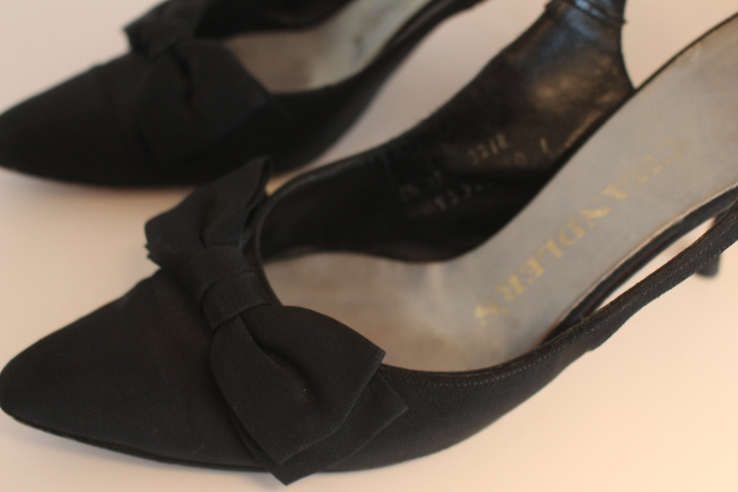 Chandler’s Black Fabric Evening Pumps, Open Heels with bows, 1960s Vintage