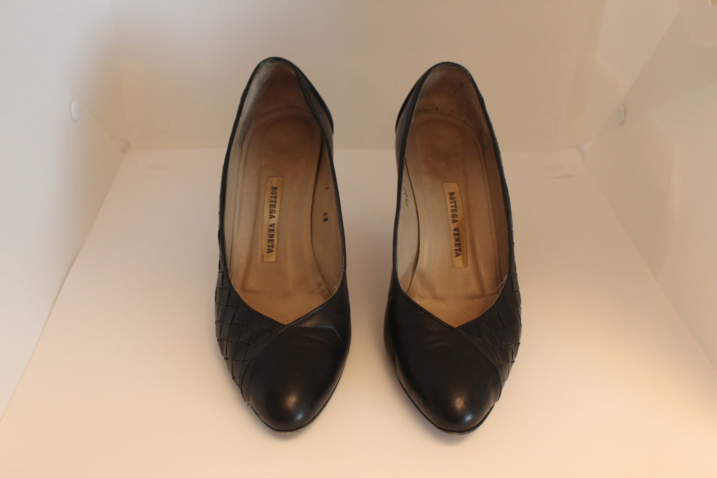 Vintage Bottega Black Leather Woven Heels - Size 6 1/2", Women's