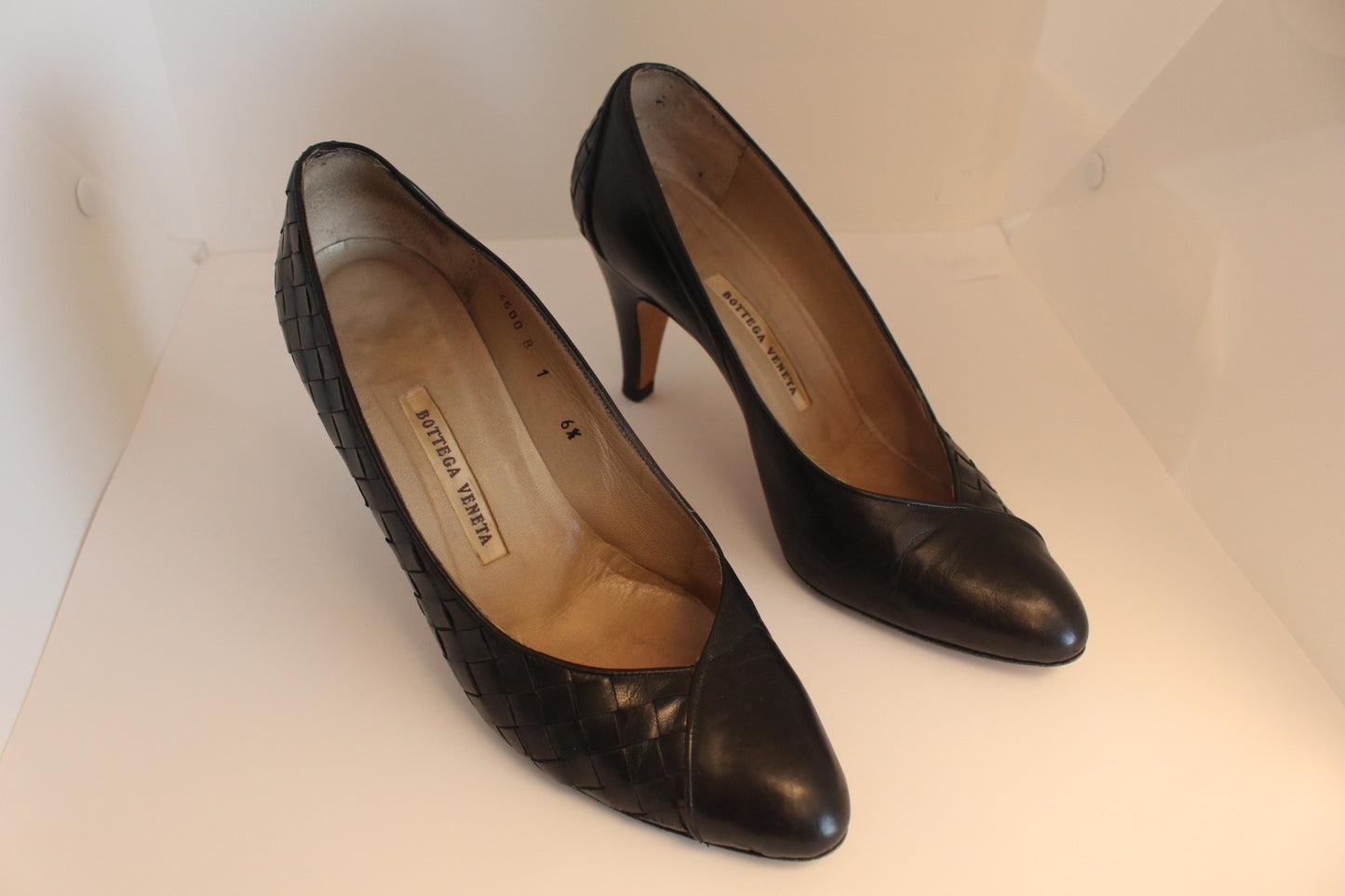 Vintage Bottega Black Leather Woven Heels - Size 6 1/2", Women's