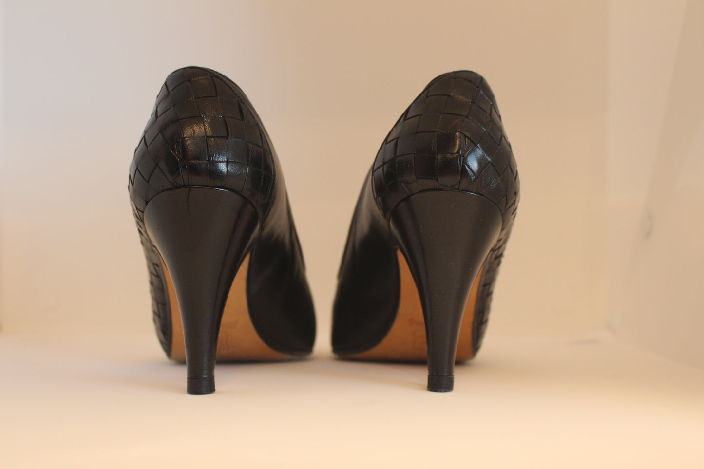 Vintage Bottega Black Leather Woven Heels - Size 6 1/2", Women's