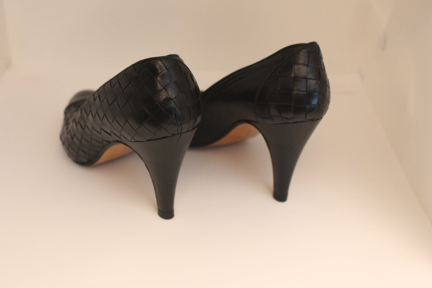 Vintage Bottega Black Leather Woven Heels - Size 6 1/2", Women's