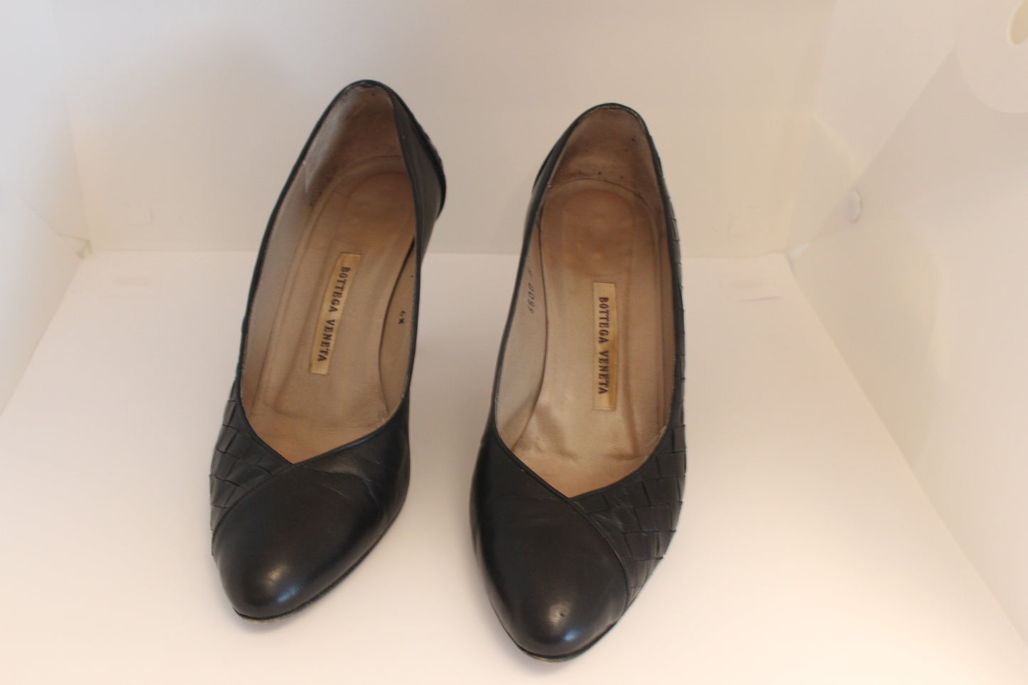 Vintage Bottega Black Leather Woven Heels - Size 6 1/2", Women's