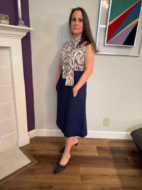 Charles Blue and Cream Dress with Pockets Front (Size 12 Vintage)