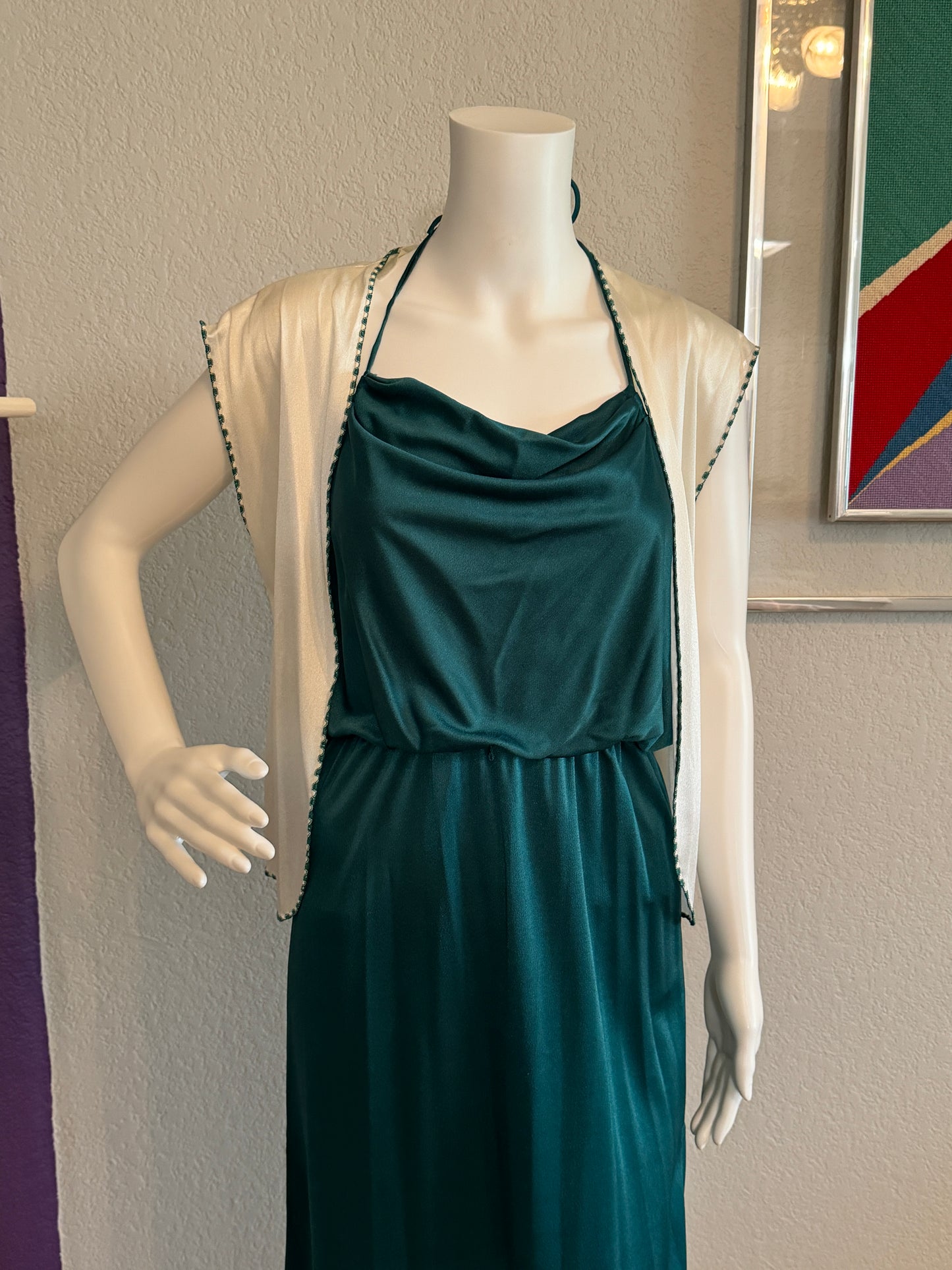 Green Halter XS Dress with White Vest