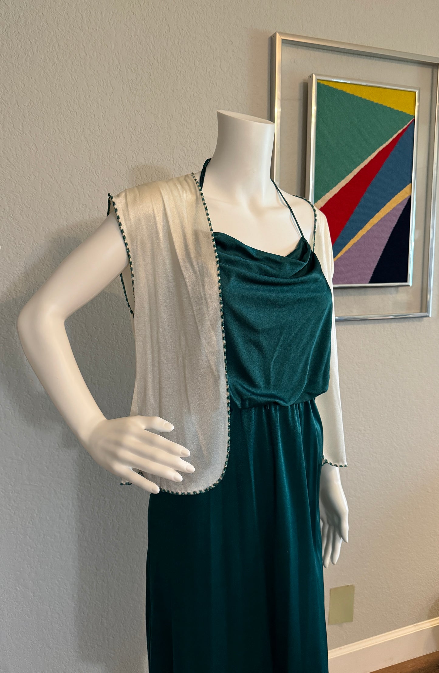 Green Halter XS Dress with White Vest