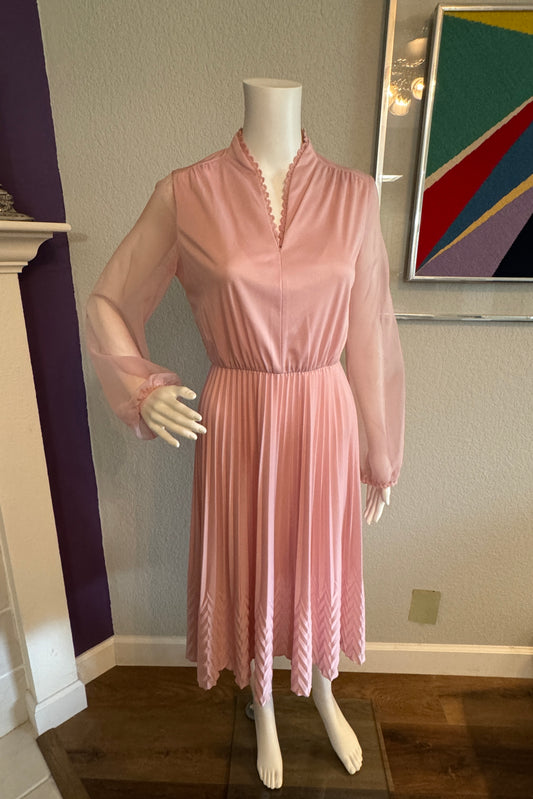 Amy Deb Pink 70s Long Sleeve Dress with Sheer Sleeves