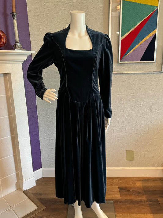 Vintage Laura Ashley Romantic Victorian Style Turquoise/Teal/Blue Velvet Long Dress with Long Sleeve