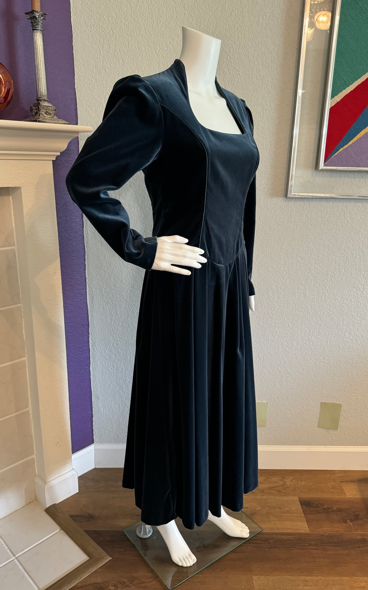 Vintage Laura Ashley Romantic Victorian Style Turquoise/Teal/Blue Velvet Long Dress with Long Sleeves&nbsp;