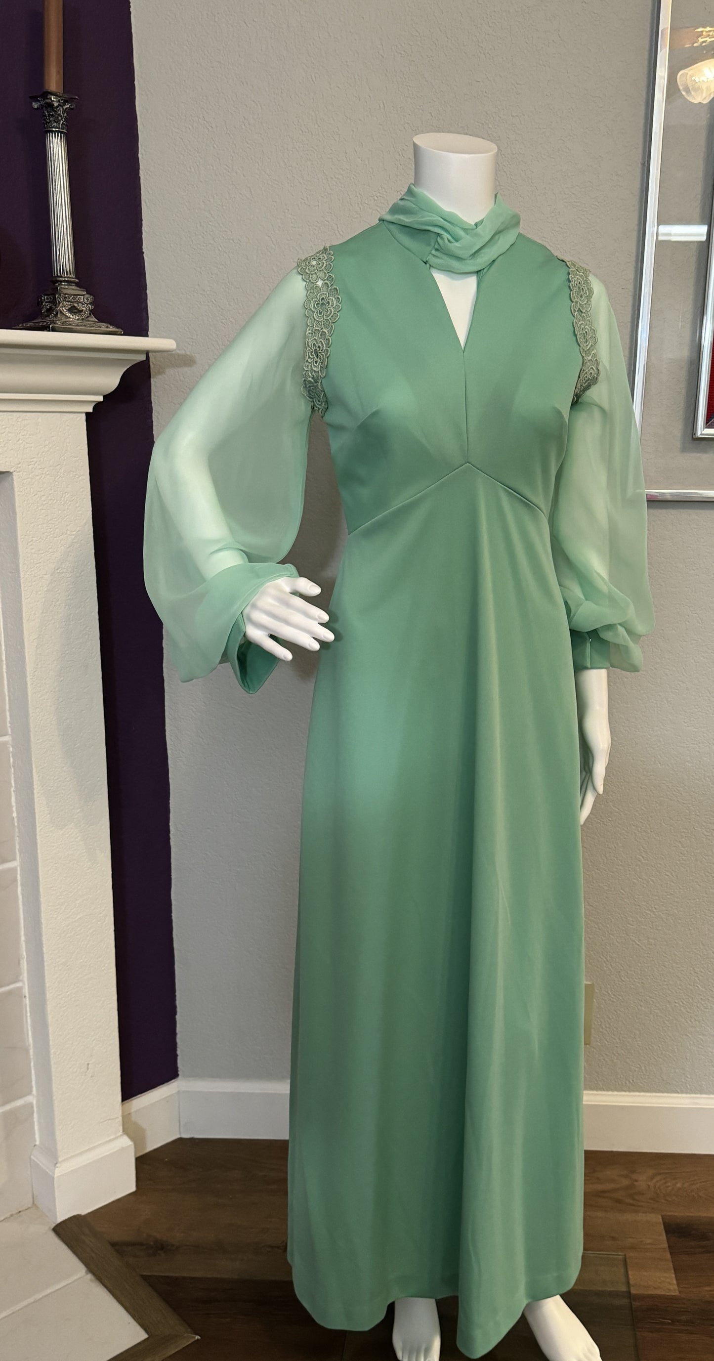 Mint Green Long Sleeves Formal Dress / Gown with Chiffon Arms and Neck Sash - Vintage Size SM