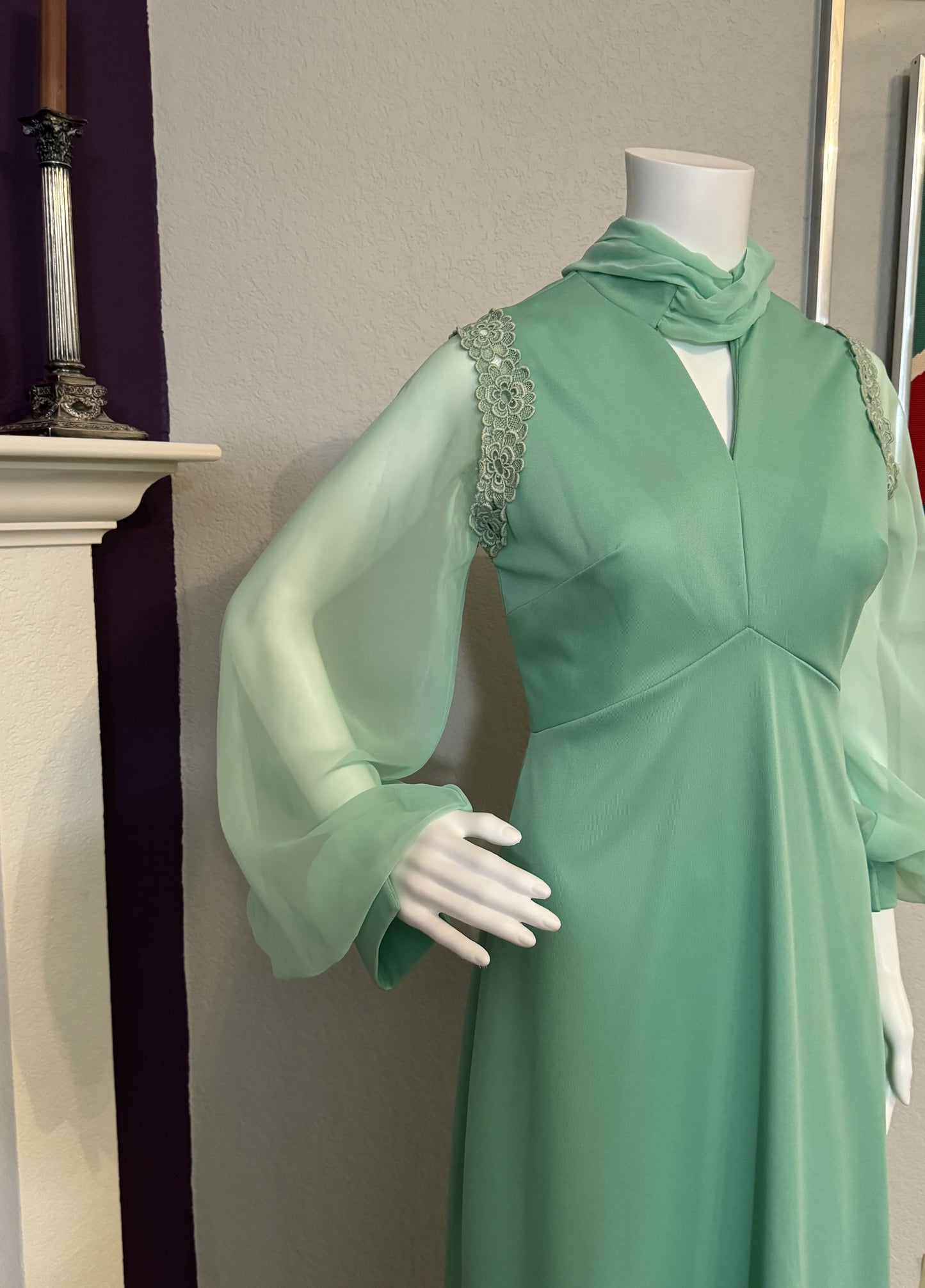 Mint Green Long Sleeves Formal Dress / Gown with Chiffon Arms and Neck Sash - Vintage Size SM