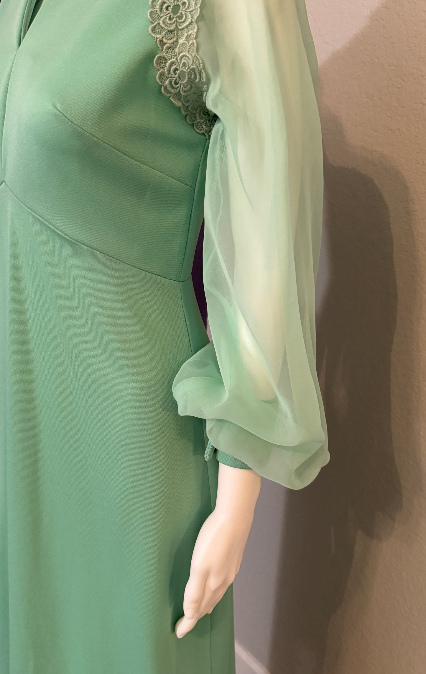 Mint Green Long Sleeves Formal Dress / Gown with Chiffon Arms and Neck Sash - Vintage Size SM