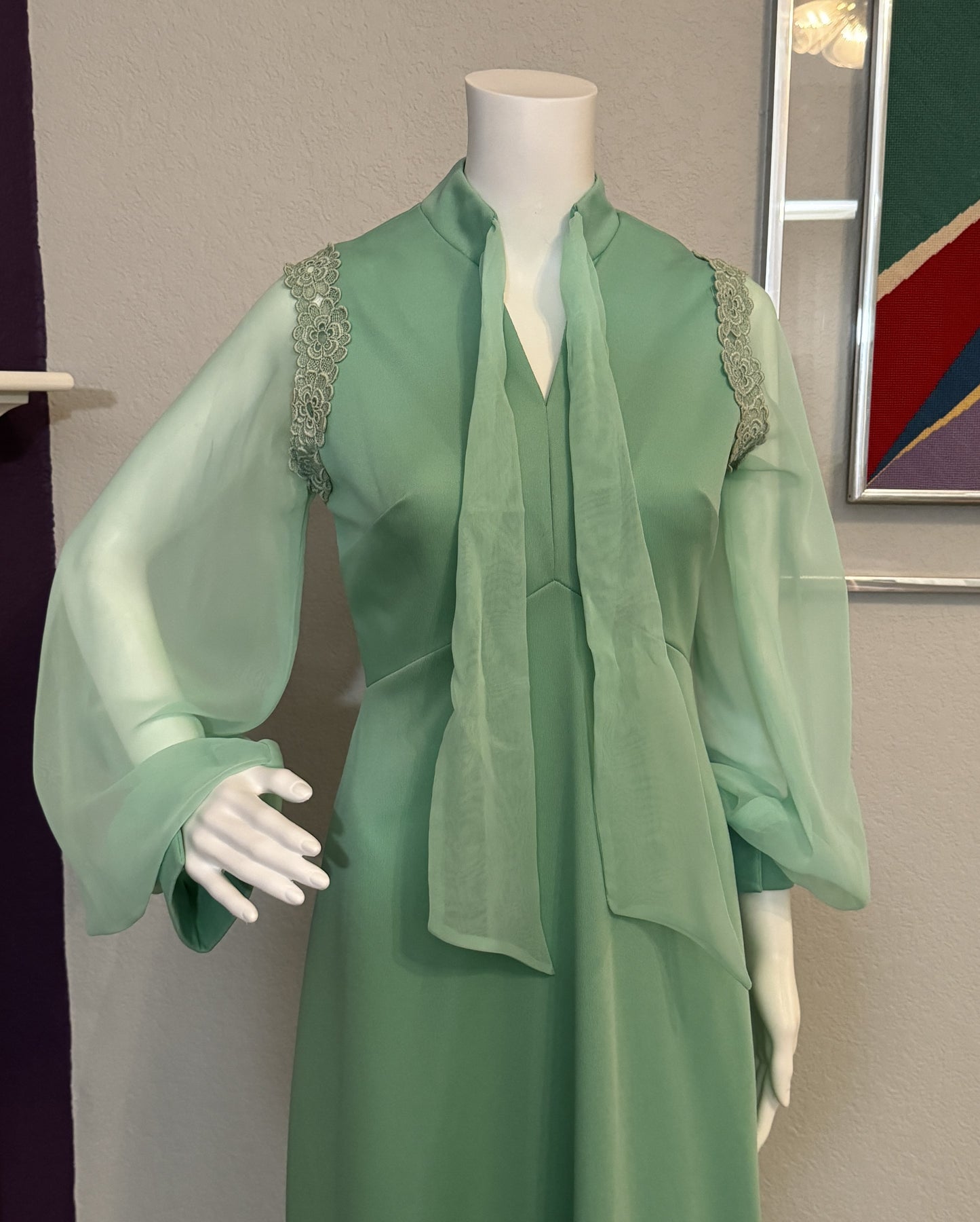 Mint Green Long Sleeves Formal Dress / Gown with Chiffon Arms and Neck Sash - Vintage Size SM