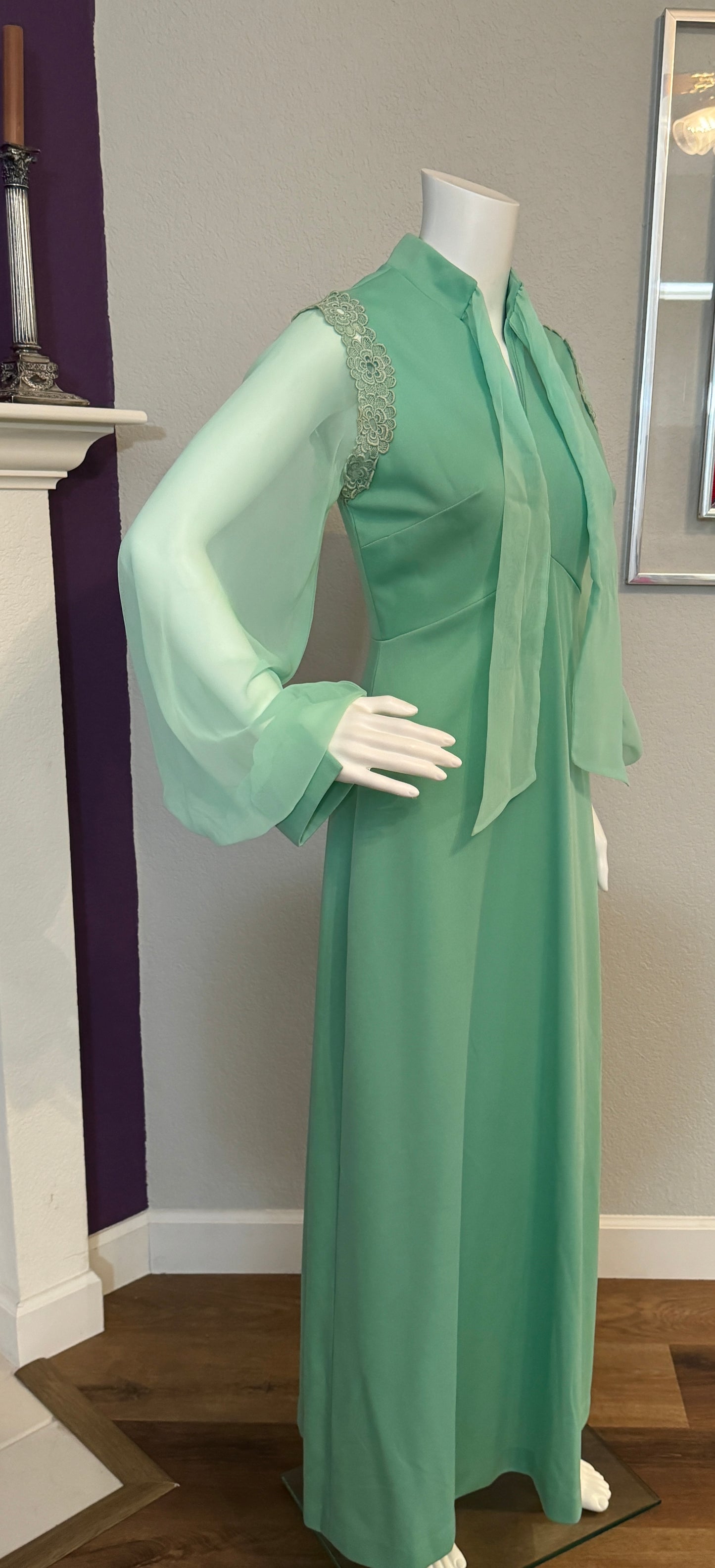 Mint Green Long Sleeves Formal Dress / Gown with Chiffon Arms and Neck Sash - Vintage Size SM