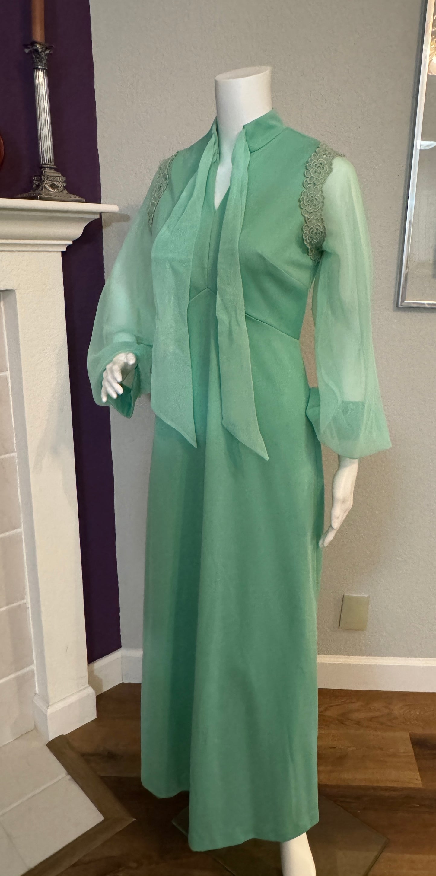 Mint Green Long Sleeves Formal Dress / Gown with Chiffon Arms and Neck Sash - Vintage Size SM