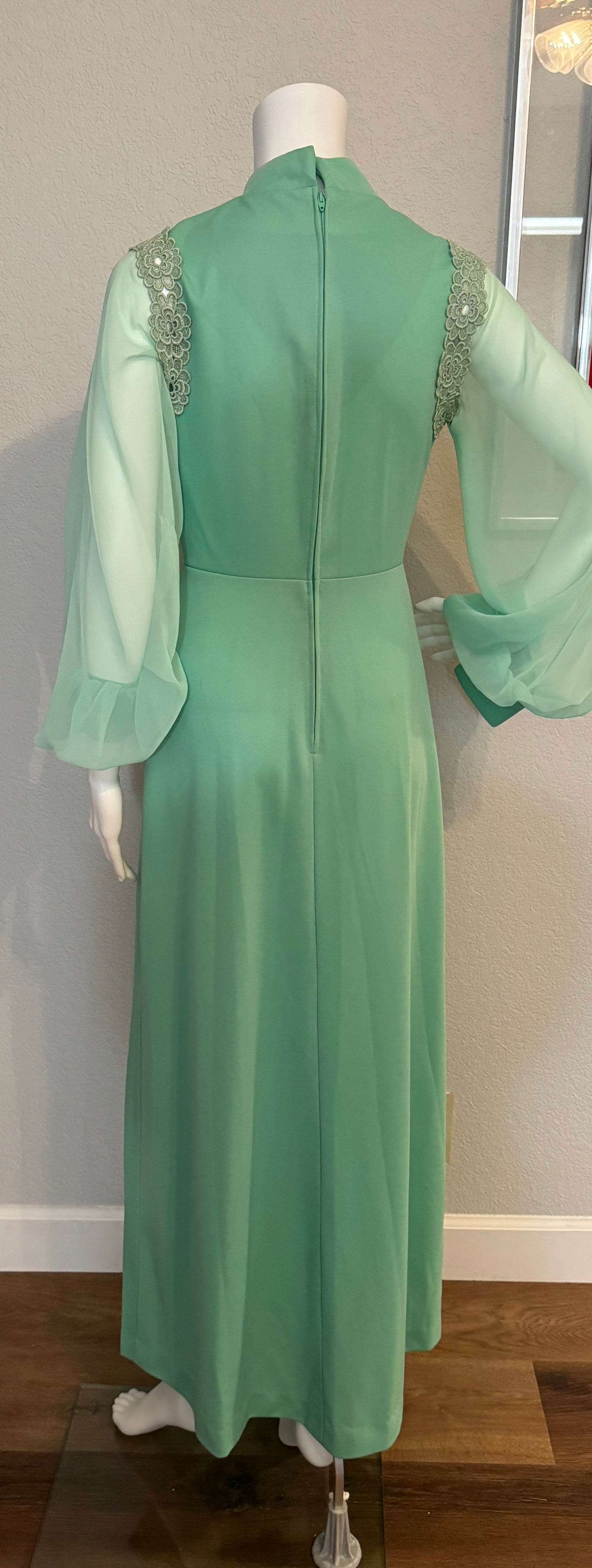 Mint Green Long Sleeves Formal Dress / Gown with Chiffon Arms and Neck Sash - Vintage Size SM