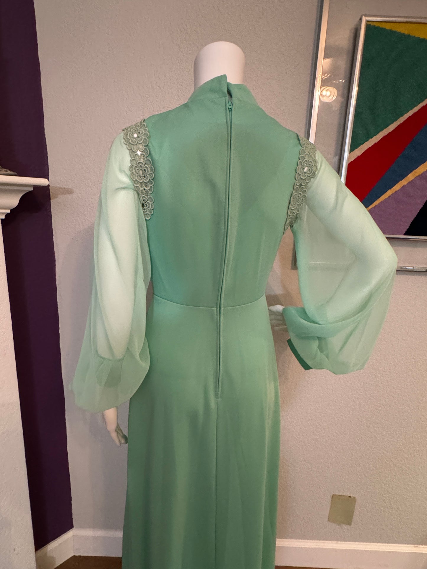 Mint Green Long Sleeves Formal Dress / Gown with Chiffon Arms and Neck Sash - Vintage Size SM