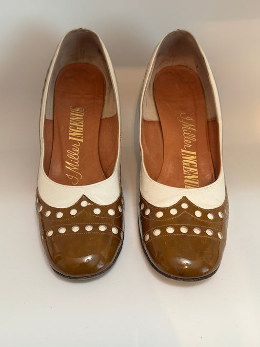 Vintage Brown and Off-White Leather Spectator Pumps with Round Toe, Brogue Perforations, Tortoise-shell Block Heels (6 1/2")