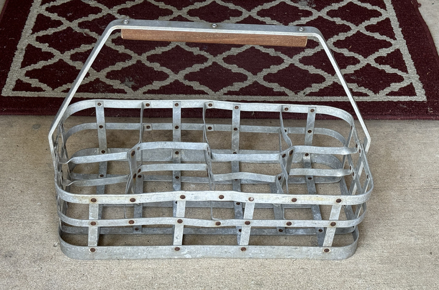 Vintage Dairy Milk Bottle Carrier, Metal Caddy with Wood Handle, 8 Compartments