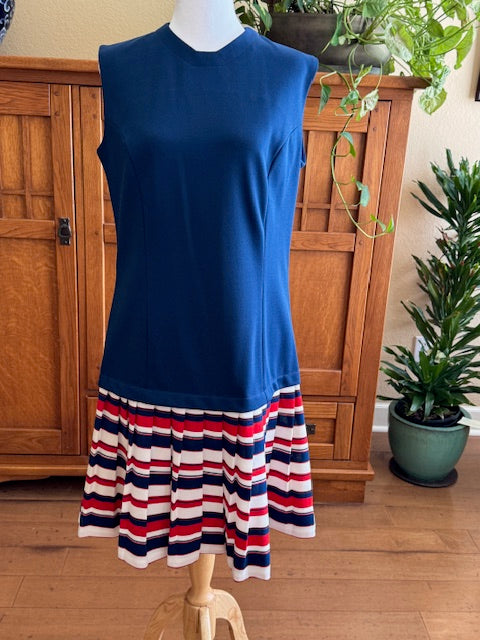Vintage 1970s Empress of Dallas Navy Blue Sleeveless Dress with Red, White, Blue Striped Accent, Size Medium (M)