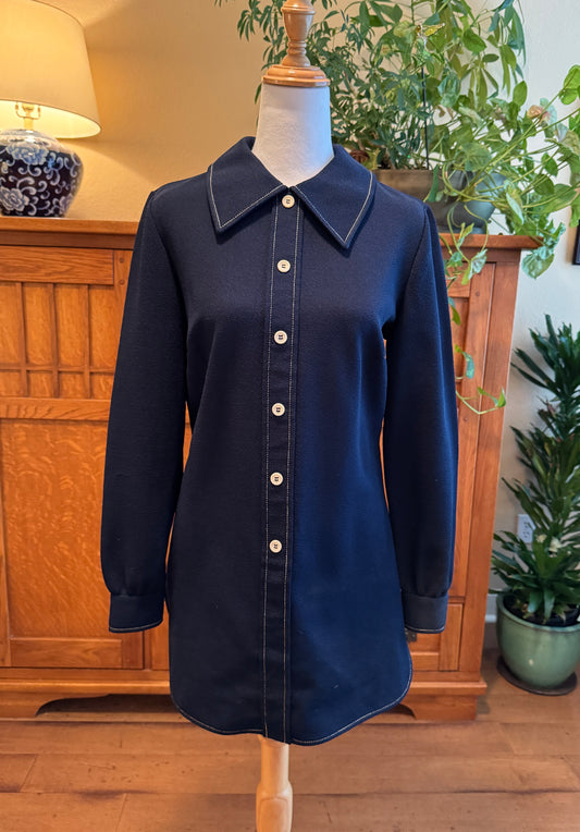 Vintage 60s/70s Navy Blue Polyester Shirt Dress with Ivory Buttons | Size S/M