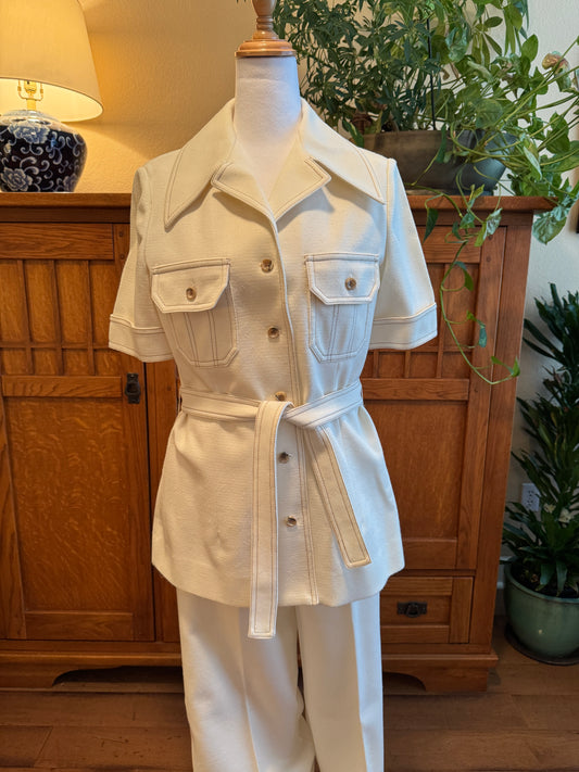 Vintage Act III Vintage Off-White Safari Jacket & Wide Leg Pants Set, Union Made, Belted, 5 Buttons, Chest Pockets, Polyester, 1970s